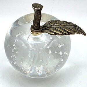 Paperweight Apple Clear Art Glass Crystal Controlled Bubbles Brass Leaf & Stem